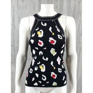 Vintage Cache Black Top Animal Print Stretch Knit Career Casual Sleeveless S